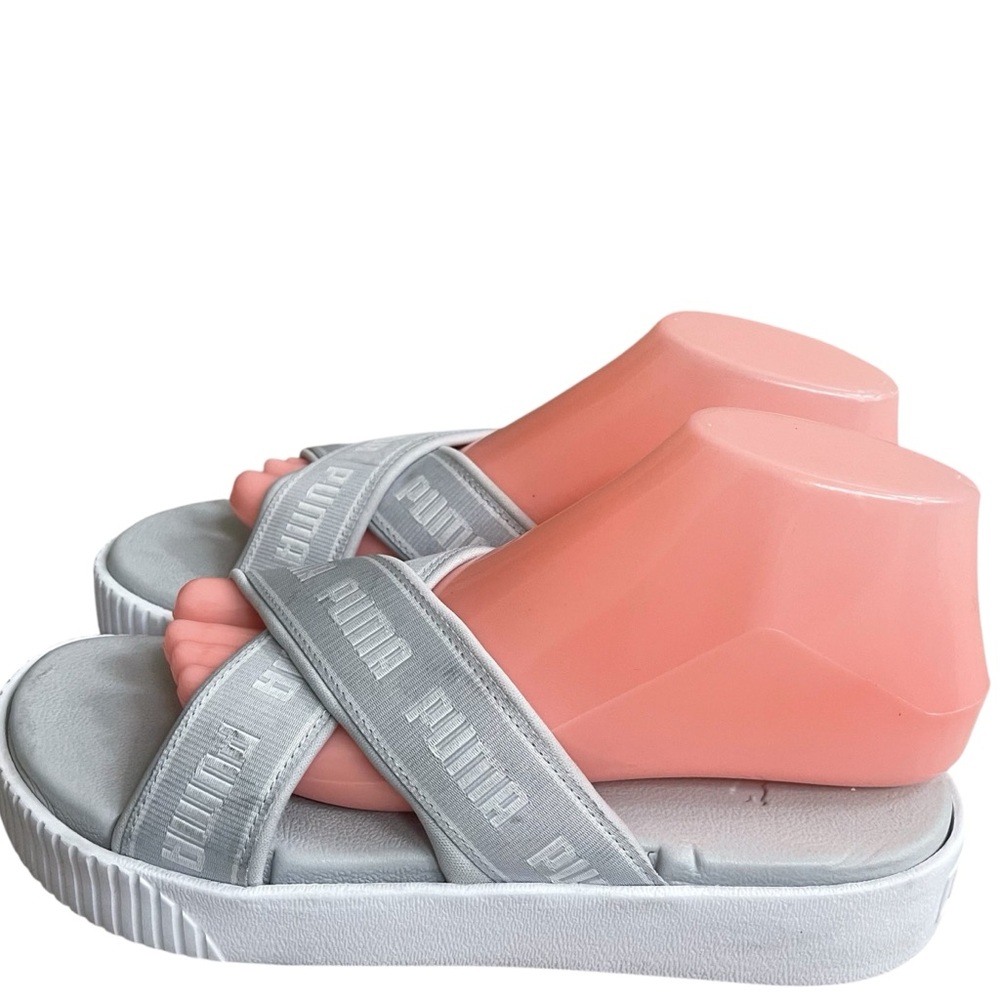 Puma Women's Size 8.5 Platform Tape Slides Cross Strap Logo Sandals White/Gray
6